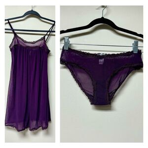 EBERJEY 2-Piece Sheer Lace Trim Camisole and Panties, Deep Plum, Sz M/L